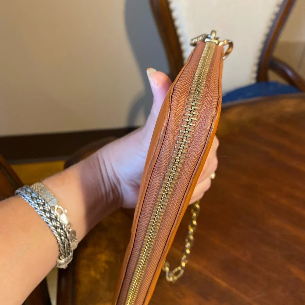 Tory Burch Orange Leather Logo Chain Clutch